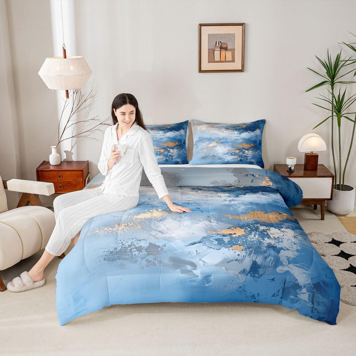 jejeloiu Abstract Kids Comforter Set Toddler Size Blue Modern Bedding Set Coastal Sunset Duvet Quilt for Kids Boys Girls Bedroom Decor Microfiber Ultra Soft Breathable