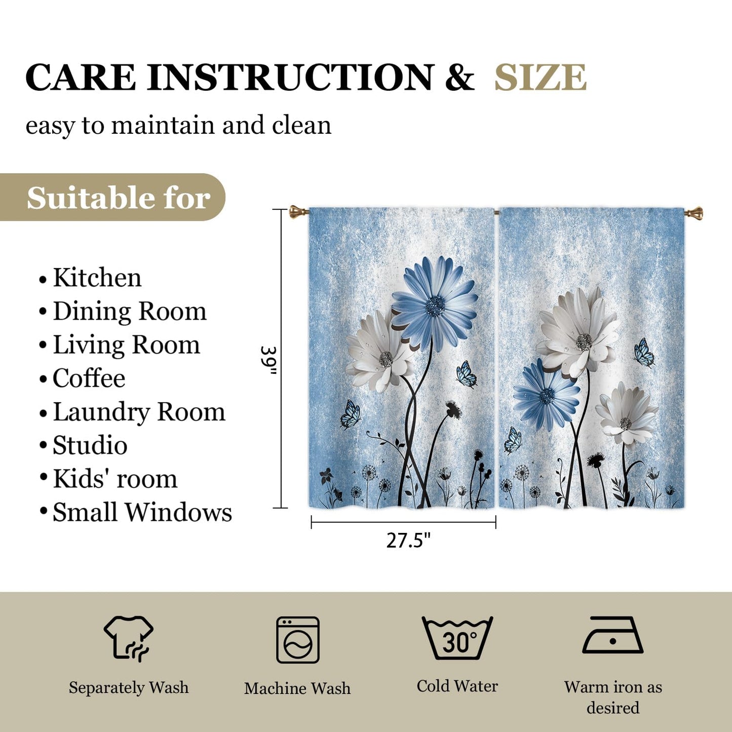 Cizuug Rustic Blue Daisy Floral Kitchen Curtains Farmhouse Flower Small Short Cafe Window Curtains Butterfly Country Rod Pocket Bathroom Window Drapes Treatment Tier Curtains 2 Panels (27.5x39 Inch)