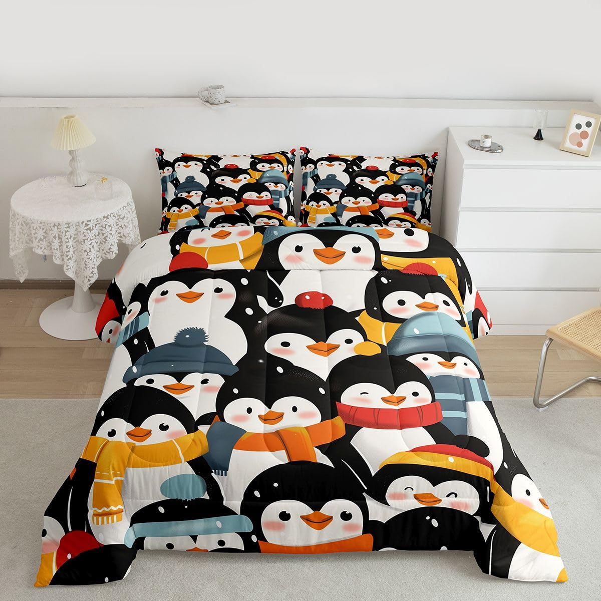 Erosebridal Kawaii Penguin Comforter Set Queen Antarctic Wild Animal Print Bedding Set Cartoon Penguins Comforter for Kids Boys Girls,Snowy Winter Decor Quilt Duvet