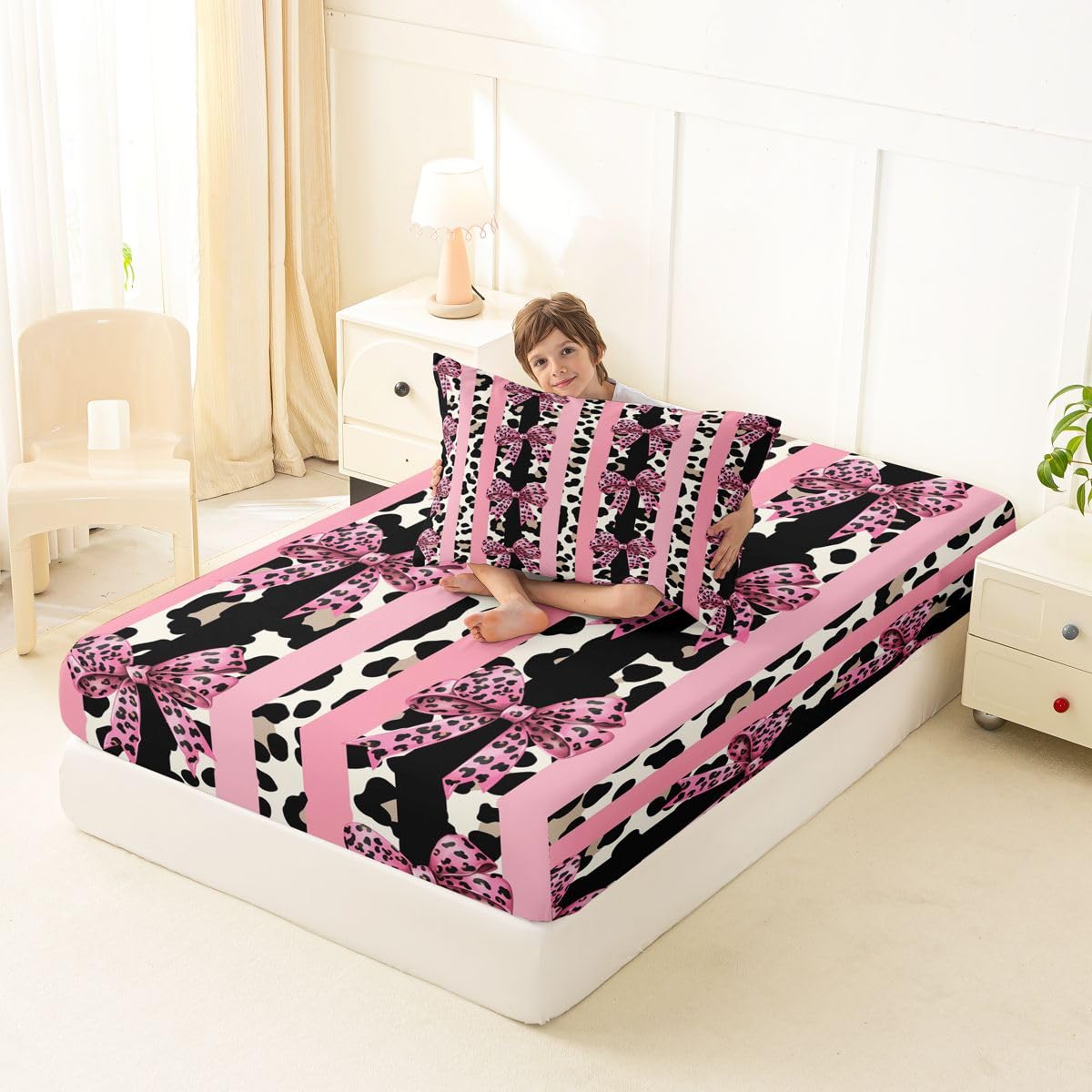jejeloiu Girls Pink Bow Fitted Sheet with 1 Pillowcase Twin Size Leopard Bowknot Bed Sheets Set 16" Deep Pocket Boys Girls Striped Coquette Bow Bedding Teens Bedroom Decor Breathable