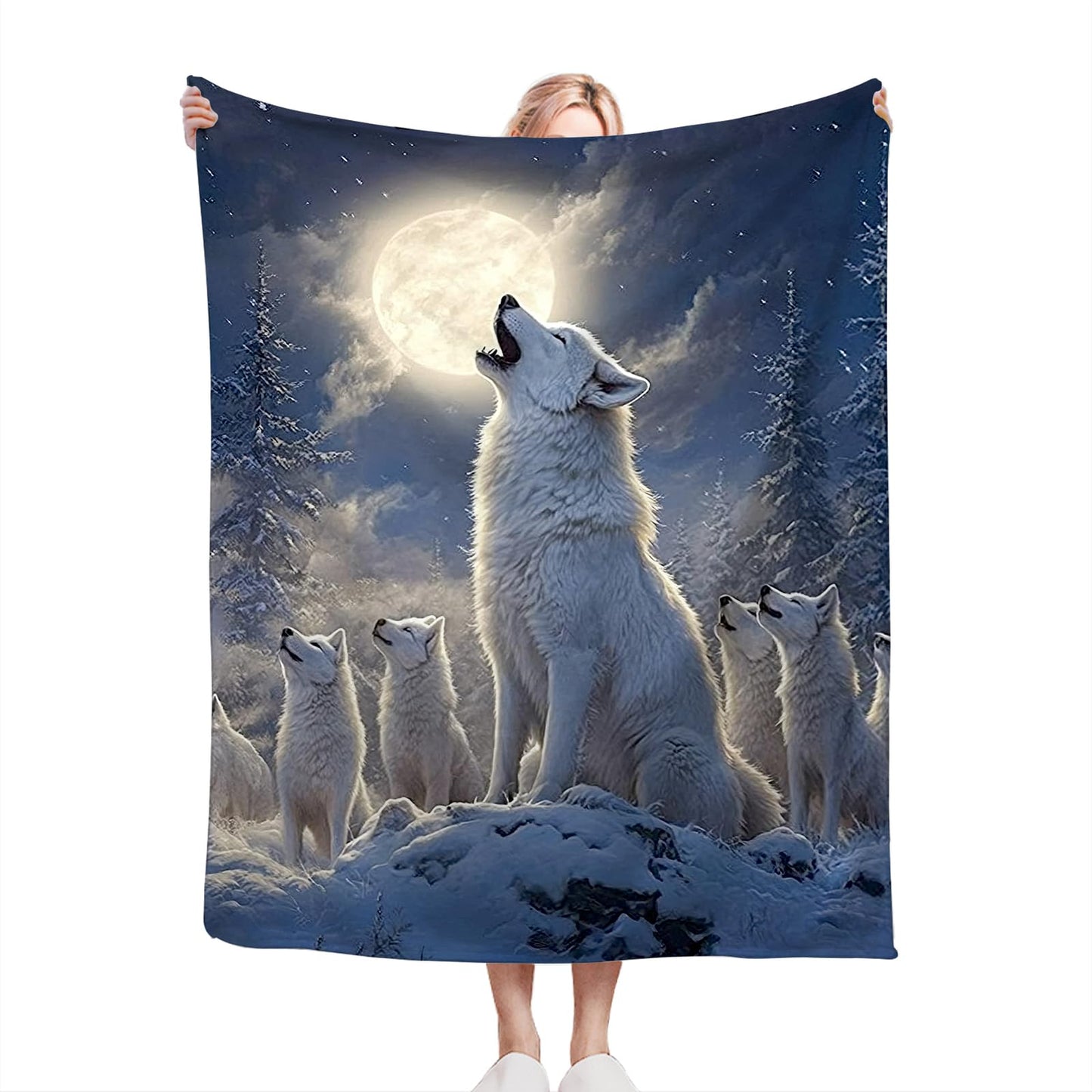 Wolf Blanket Wolves Moon Snowy Throw Blanket Soft Warm Cozy Fuzzy Plush Gifts for Girls Women Lightweight Fleece Flannel Stuff Decor Gift for Kids Adults 50"X40"