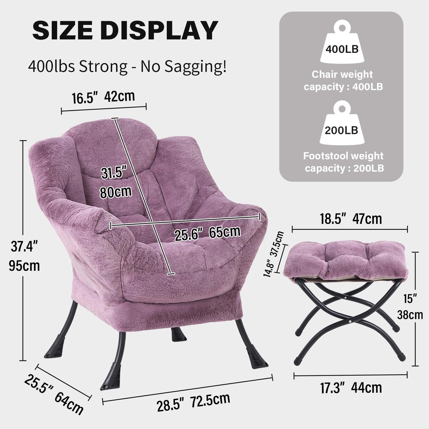 Tiita Lazy Chair with Ottoman, Purple Modern Large Accent Chair, Comfy Leisure Sofa Armchair with Ottoman, Reading Chair with Footrest for Bedroom, Living Room, Dorm Rooms, Plush Purple