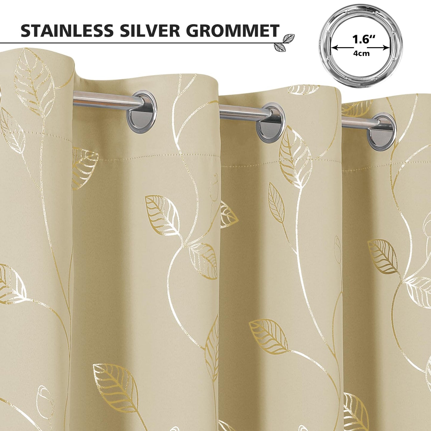 BUHUA Heat Blocking Curtains, Black Out Curtains 63 Inch Long 2 Panels Burg, Soundproof Curtains with Gold Leaf Printed (52 x 63 Inch, Beige, Set of 2 Panels)