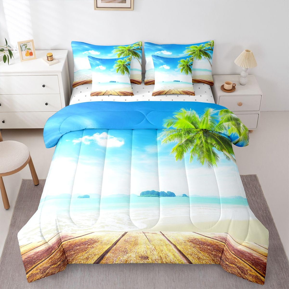 Erosebridal Beach Comforter Set King Size 7 Pieces, Ocean Bed in A Bag, Tropical Palm Tree Hawaiin Bedding Set with Comforters, Sheets, Pillowcases Coastal Nature Theme Bedroom Decor