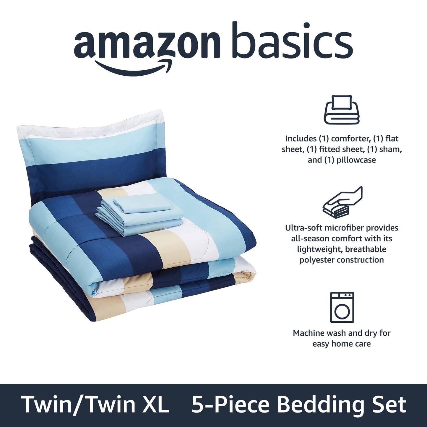 Amazon Basics 5-Piece Lightweight Microfiber Comforter Bedding Set with Sheet, Twin XL, Blue Stripe, Bed-in-a-Bag