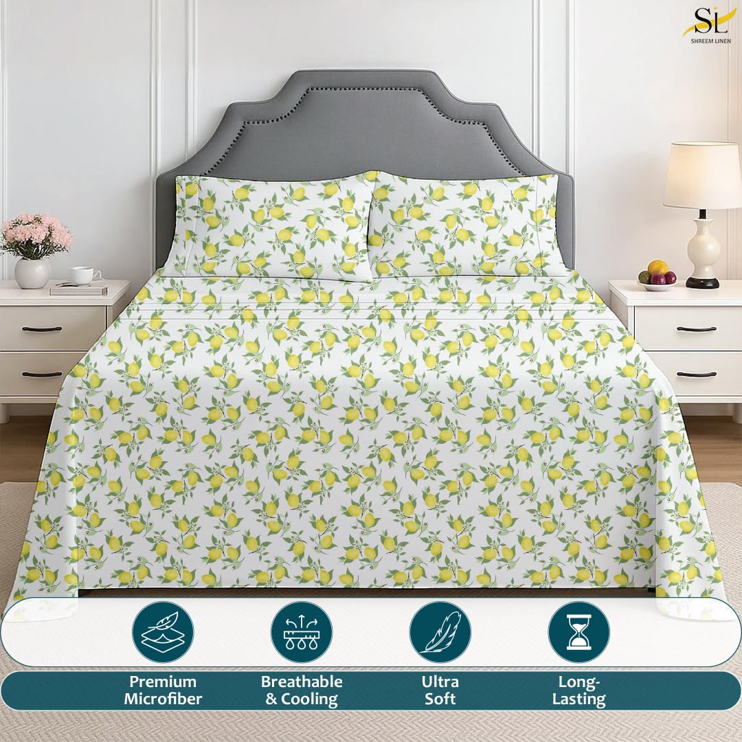 Shreem Linen Queen Sheet Set 4 Piece Bedding, Brushed Microfiber Soft Sheets for Queen Size Bed with Flat, Fitted Sheet, 2 Pillow Cases (LemonPop)