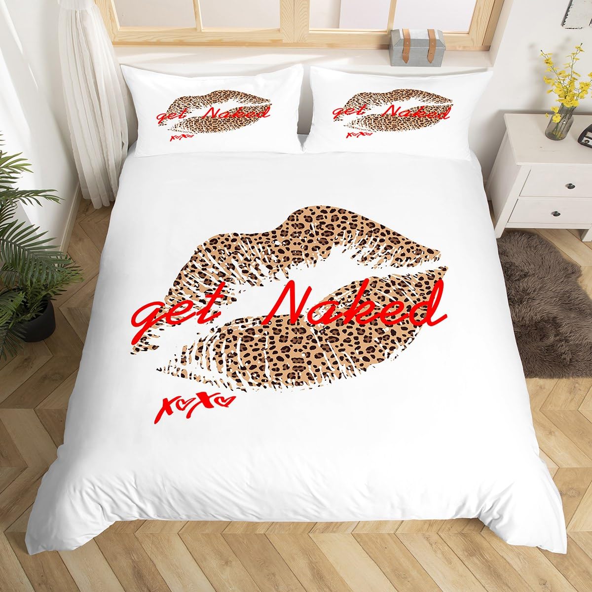 Feelyou Funny Get Naked Bedding Set Girls Lady Women Leopard Pattern Lips Comforter Cover Couple Lover Romantic Duvet Cover White Red Brown Kiss Bedspread King Size Bedding Collection (No Comforter)
