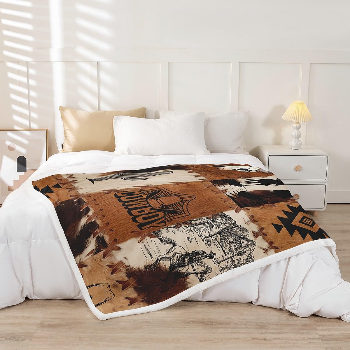 Erosebridal Western Cowboy Fleece Blanket Longhorn Cow Skull Cowhide Print Sherpa Blanket 90"x90", Tribal Geometric Aztec Farmhouse Farm Animals Fuzzy Plush Throw