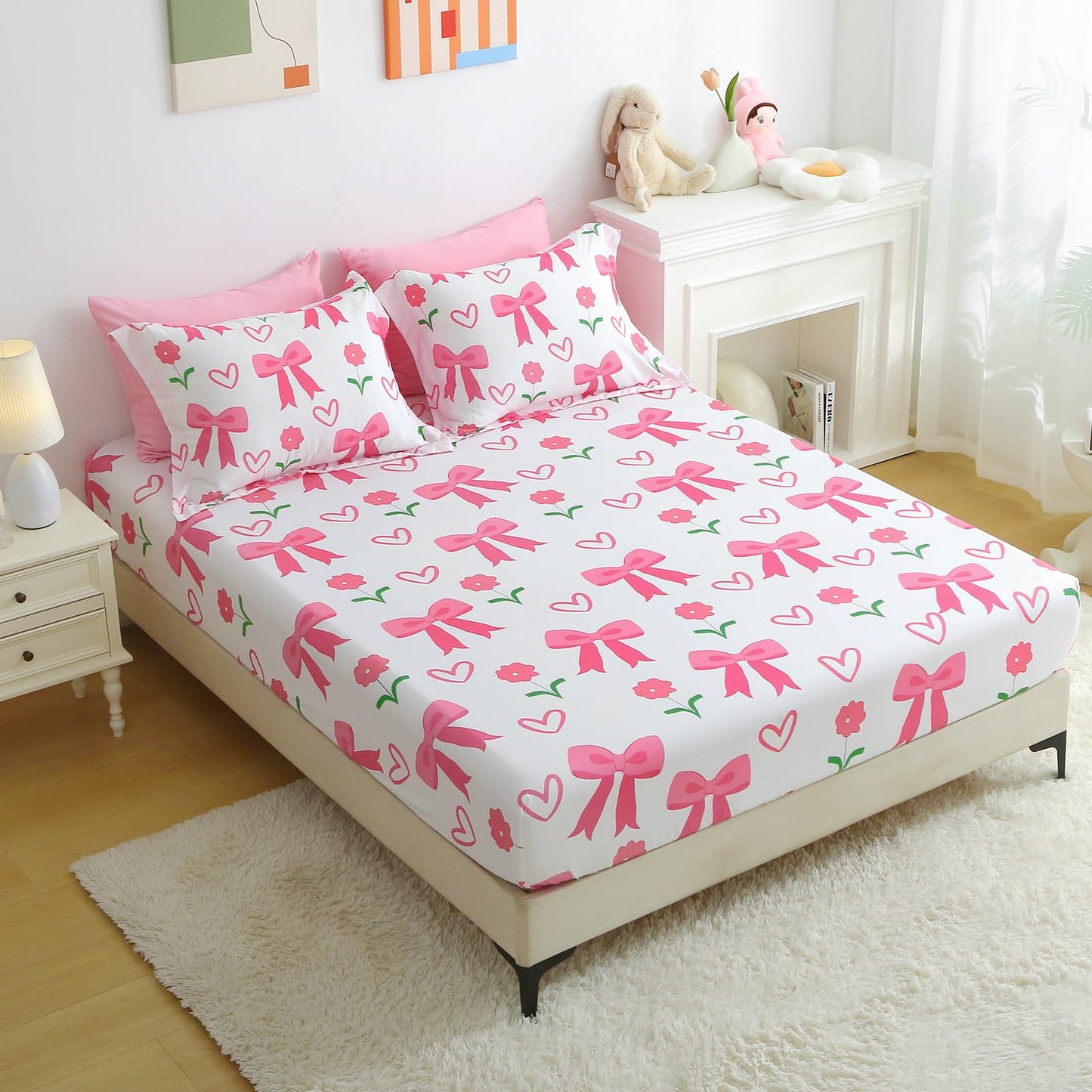Jameswish Pink Bow Comforter 7 Pieces Comforter Set Full Size Pink Flower Bow Comforter for Girls Kids Romantic Princess Style Bow Tie Bedding Set Super Soft All Season
