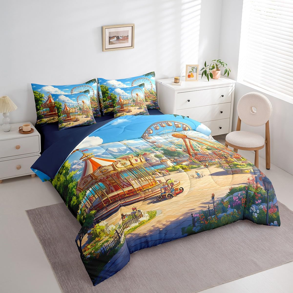 Erosebridal Ferris Wheel 7 Pcs Comforter Set Queen Size,Amusement Park Bed in a Bag with Flat Sheet and Fitted Sheet for Kids Teens Adult,Carousel Bedding Set with Pillowcase and Sham Reversible