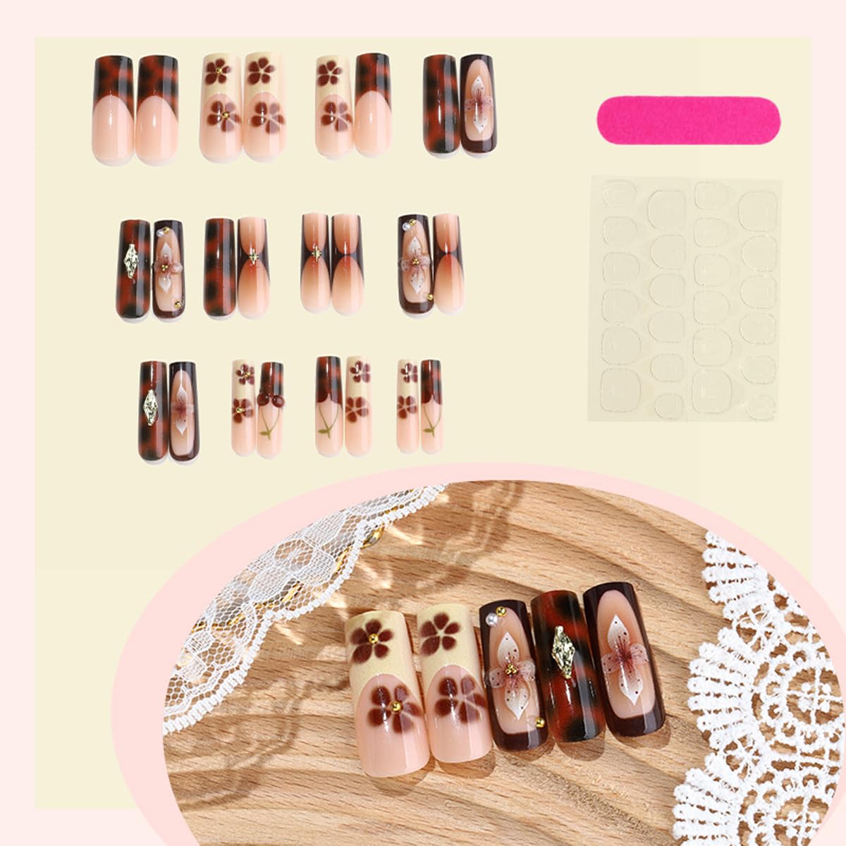 Long Square Press on Nails Brown Fake Nails French Tip Glue on Nails with 3D Flower, Cherry, Gold Charms Designs Full Cover Glossy False Nail Press ons Stick on Nail for Women Manicure 24Pcs