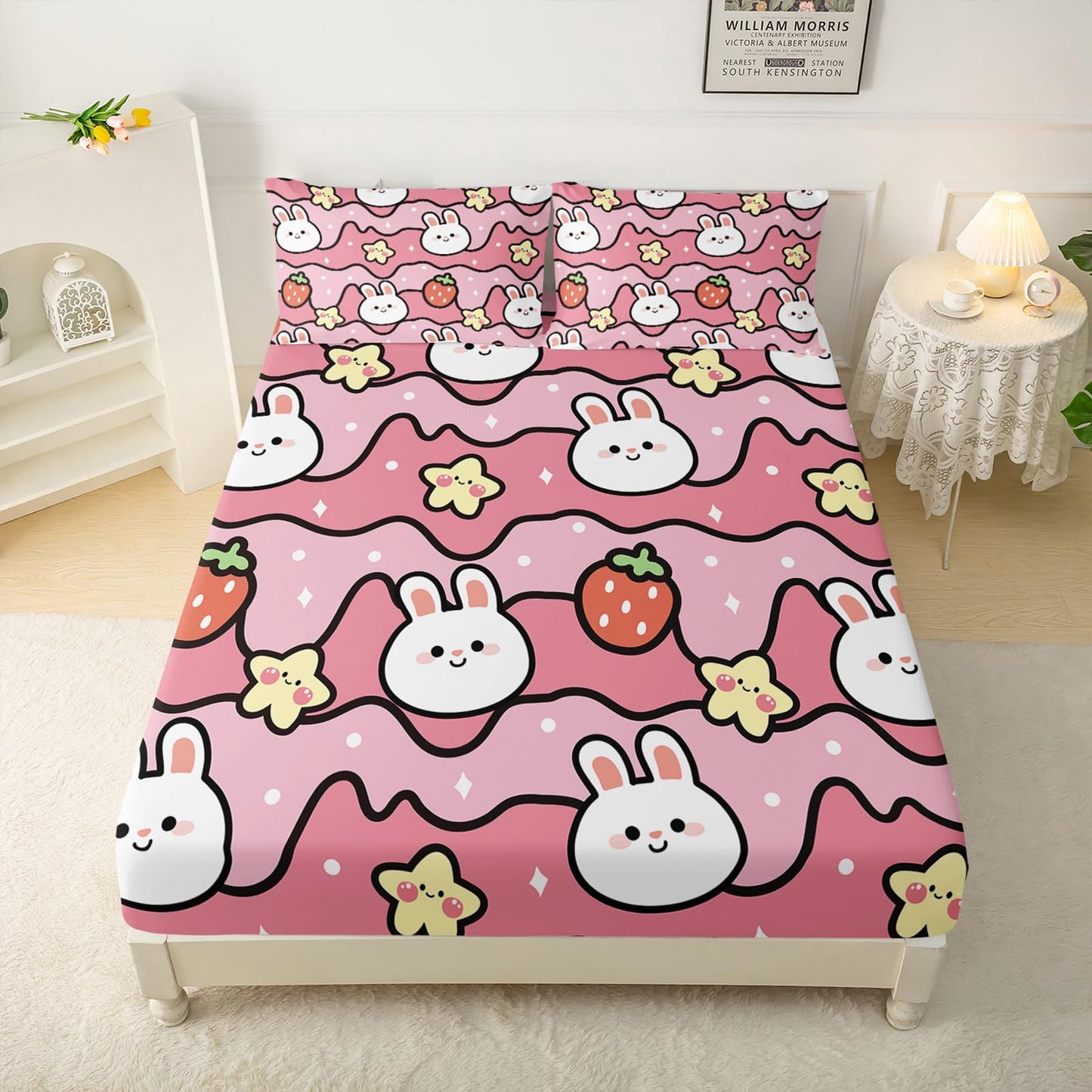QOOMO Kawaii Rabbit Kids Sheets Twin Size,Kawaii Bunny 16" Deep Pocket Bed Sheet Set,Pink Strawberry Printed Bedroom Decor Sheet Set Soft and Breathable for Girls/Kids/Teens(Twin,Pink)