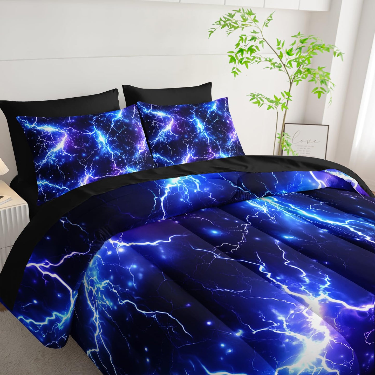 Nttopship Blue Lightning Comforter Set Full Size Bed in A Bag 7PCS,Lightning Bedding Set for Teen Adult Blue Room Decor Ultra-Soft Lightweight All Seasons with Pillowcases,Flat, Fitted Sheet