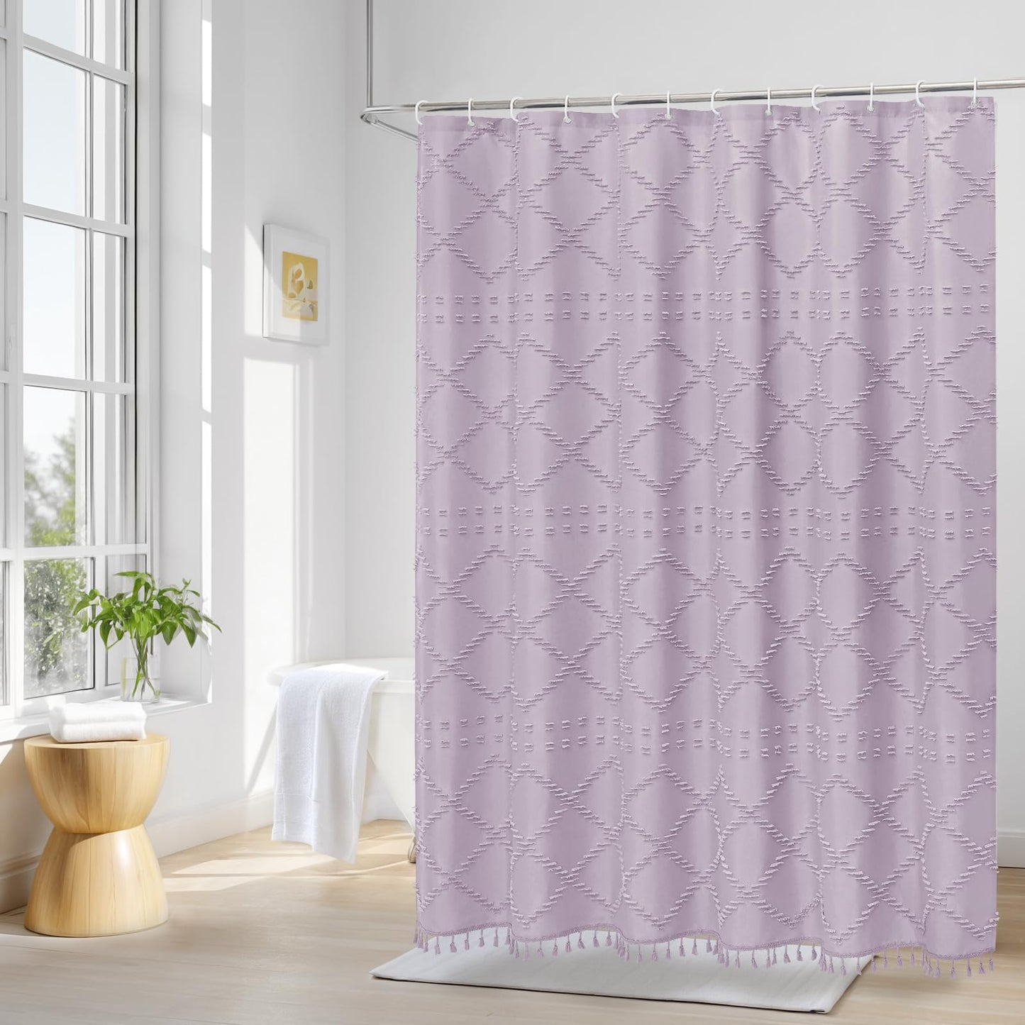 Craidlela Boho Lavender Woven Fabric Shower Curtain with Tassel 72 x 72, Bohemia Tufted Chevron Striped Chic Textured, Waterproof Modern Farmhouse Minimalist Purple Cloth Curtain for Bathroom