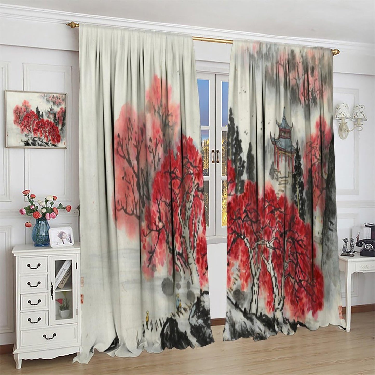 Asian Curtain Red Cherry Blossom Japanese Flower Branch Koi Oriental Chinese Ancient Ink Landscape Wind Printing Curtain for Kitchen Bedroom Living Room Blackout Curtain 42x45 Inch 2 Panels