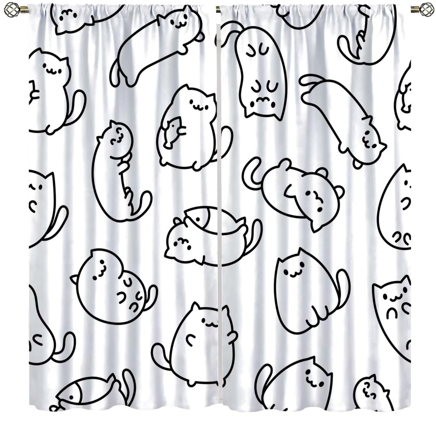 Cartoon Cat Curtain, Funny Cute Black White Line Kitten Art Pattern Decor Rod Pocket Window Curtain, for Kids Nursery Living Room Bedroom Cafe Farmhouse Style-11 42" W X 45" L