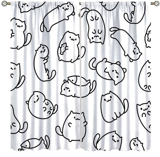 Cartoon Cat Curtain, Funny Cute Black White Line Kitten Art Pattern Decor Rod Pocket Window Curtain, for Kids Nursery Living Room Bedroom Cafe Farmhouse Style-11 42" W X 45" L