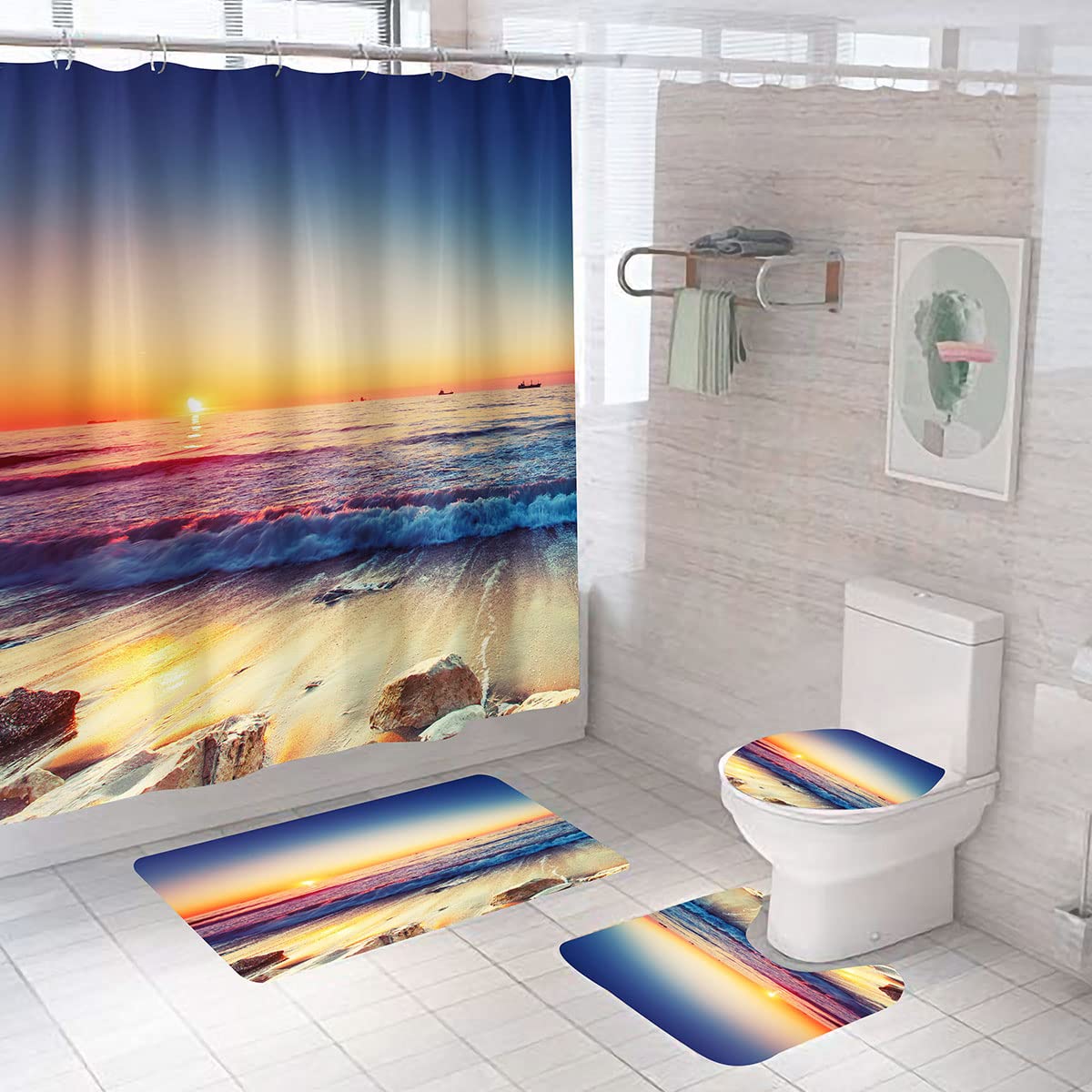 DDS-DUDES Beach Sunset Shower Curtain for Bathroom, Ocean Sunrise Red Blue Sky Scenery Waterproof Polyester Curtains with Hooks Non-Slip Mat 71WX71H Inch(Sunset 3)