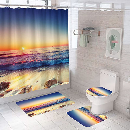 DDS-DUDES Beach Sunset Shower Curtain for Bathroom, Ocean Sunrise Red Blue Sky Scenery Waterproof Polyester Curtains with Hooks Non-Slip Mat 71WX71H Inch(Sunset 3)