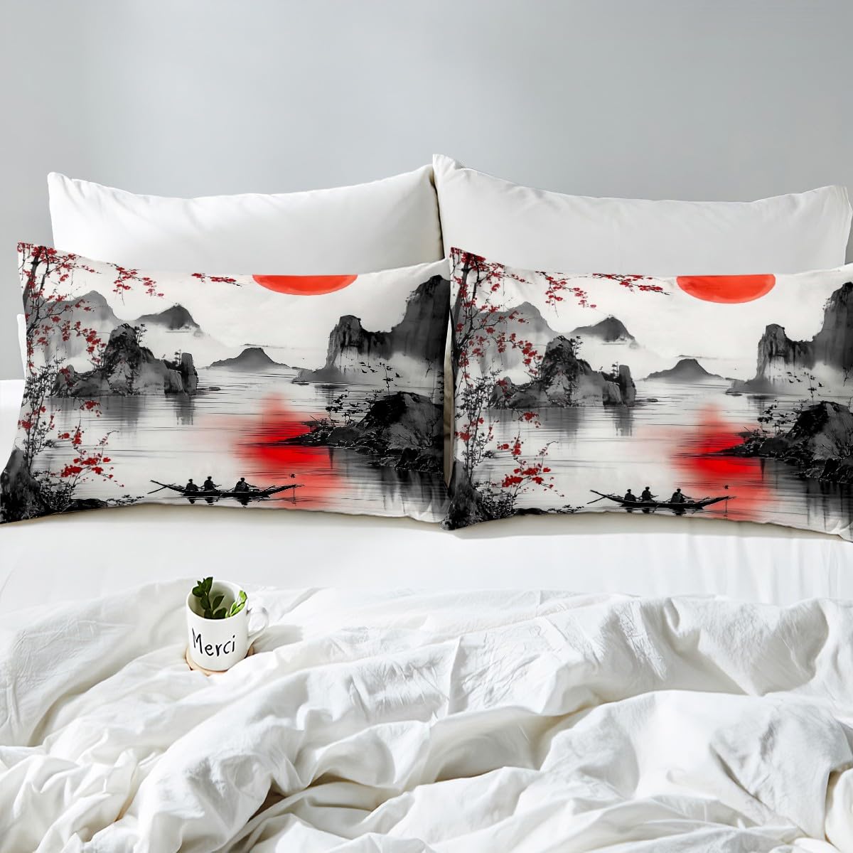 Feelyou Japanese Theme Bedding Sheets Full Cherry Blossom Bed Sheet Set for Adult Kids Watercolor Fitted Sheet Natural Landscape Bed Cover 3Pcs,1 Fitted Sheet+2 Pillow Sham（No Flat Sheet）