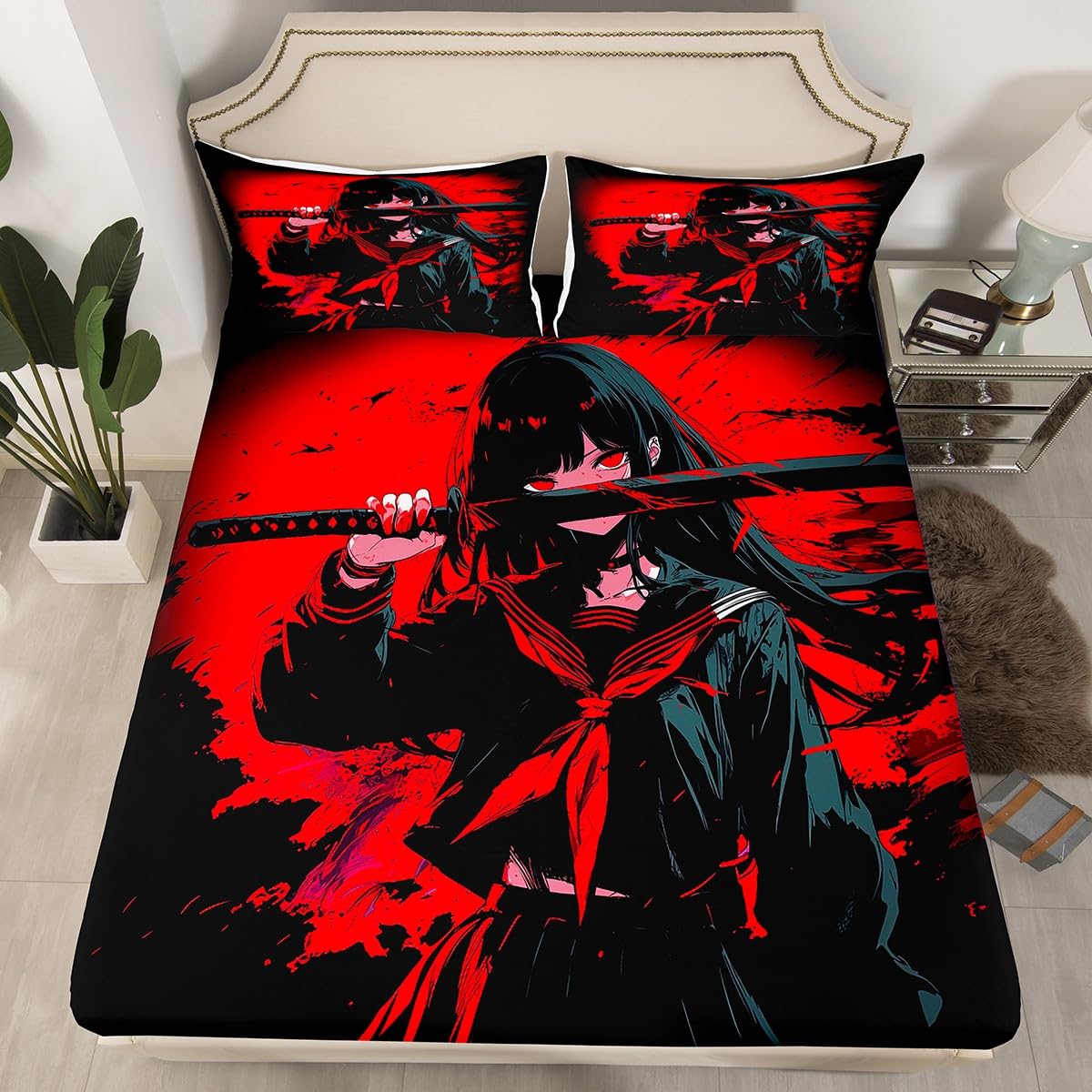 Erosebridal Japanese Anime Bedding Set for Kids, Anime Girl Fitted Sheet Queen Size Japanese Girl Bed Sheets for Girls Teens Adult, Kawaii Animation Red Black Sheets, Machine Washable