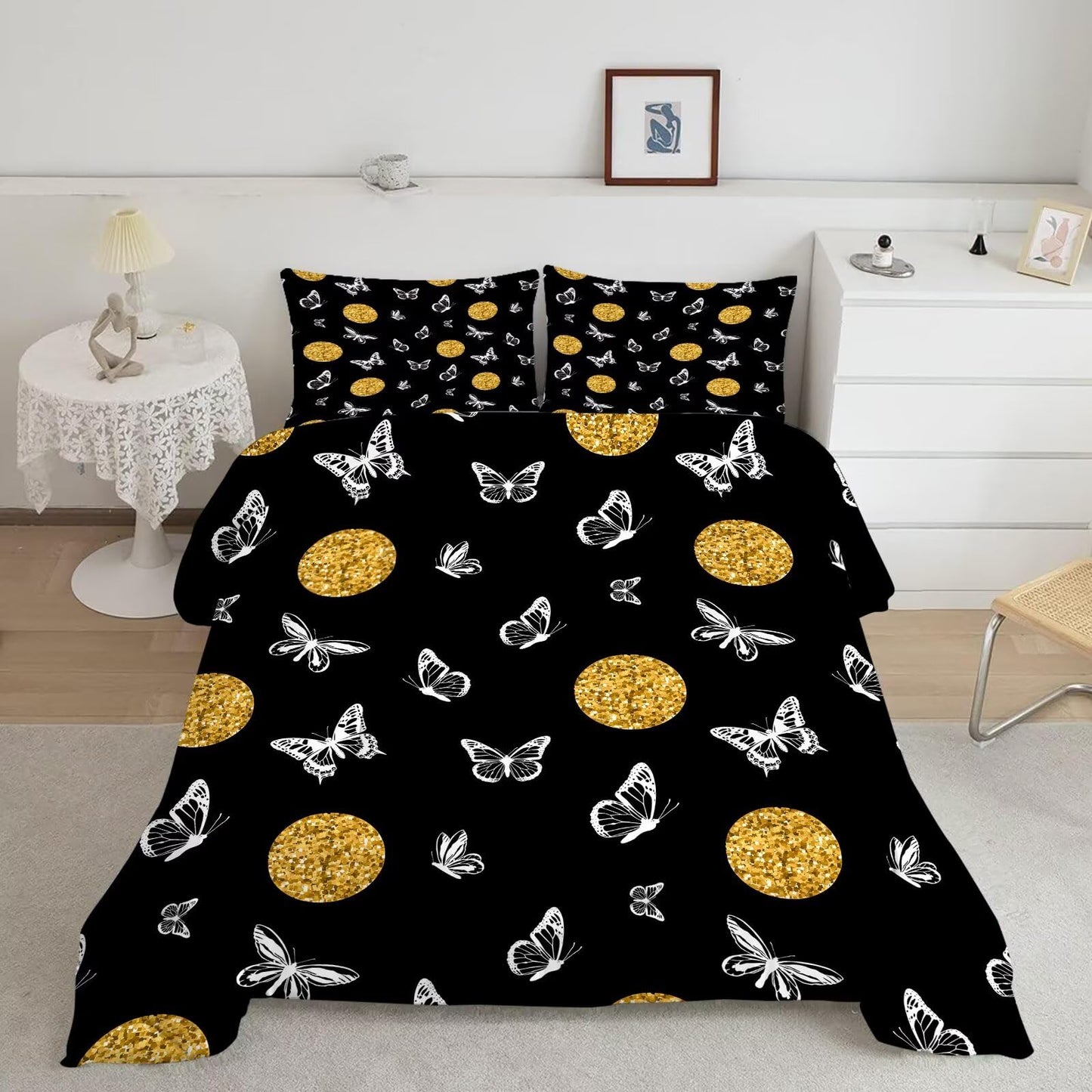 DJNEAR Butterfly Comforter Set Twin Size Black and Gold Bedding Sets for Girls Kids Women Adults Bedroom Gold Luxury Butterflies Printed Quilt 1 Comforter 1 Pillowcase