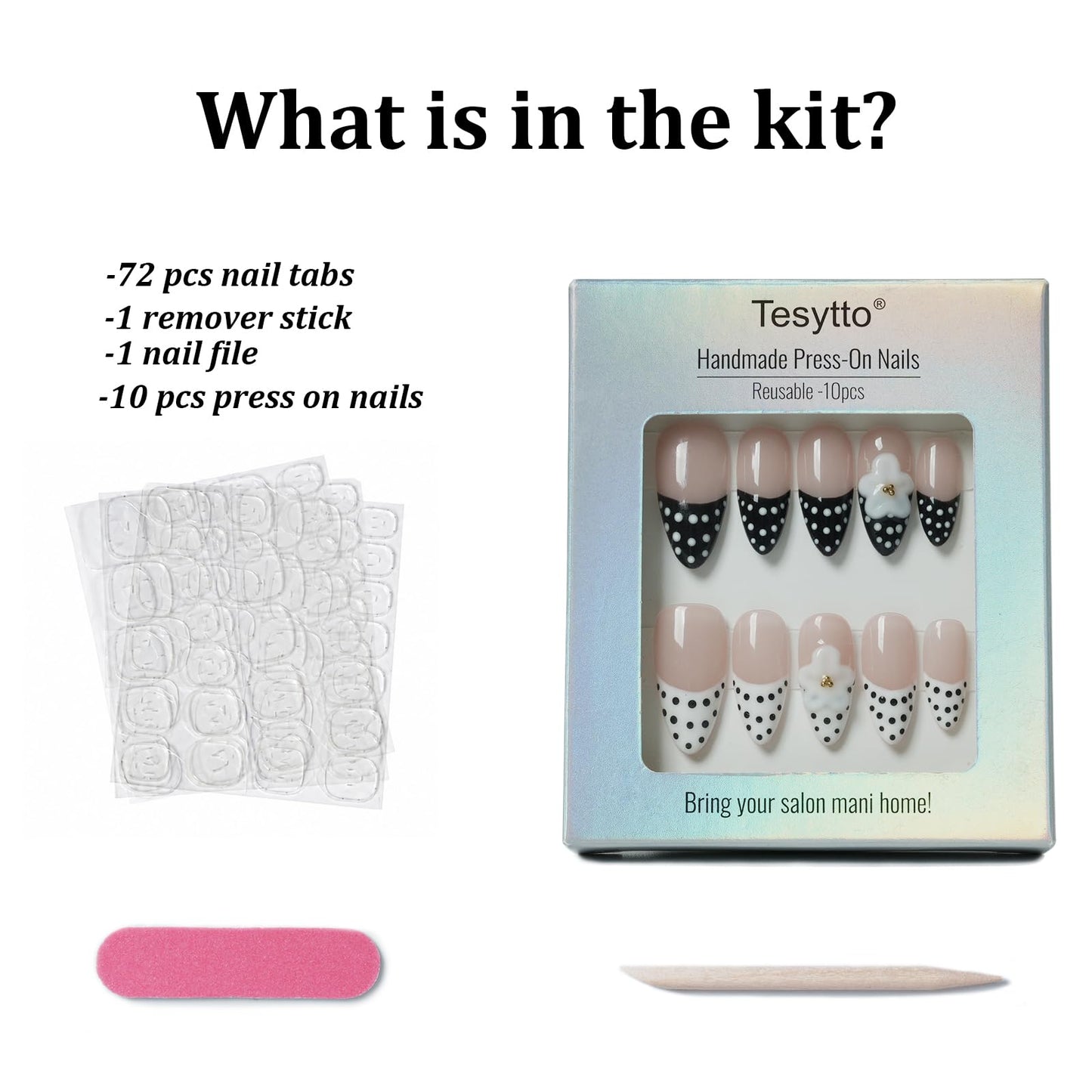Tesytto Press On Nails Medium Almond, Handmade 3D Flower Polka Dot Fake Nails, French Tip Nude Black White Acrylic Nails, Reusable Press-On Nail Kit (Pink Polka Floral Rhyme,M)