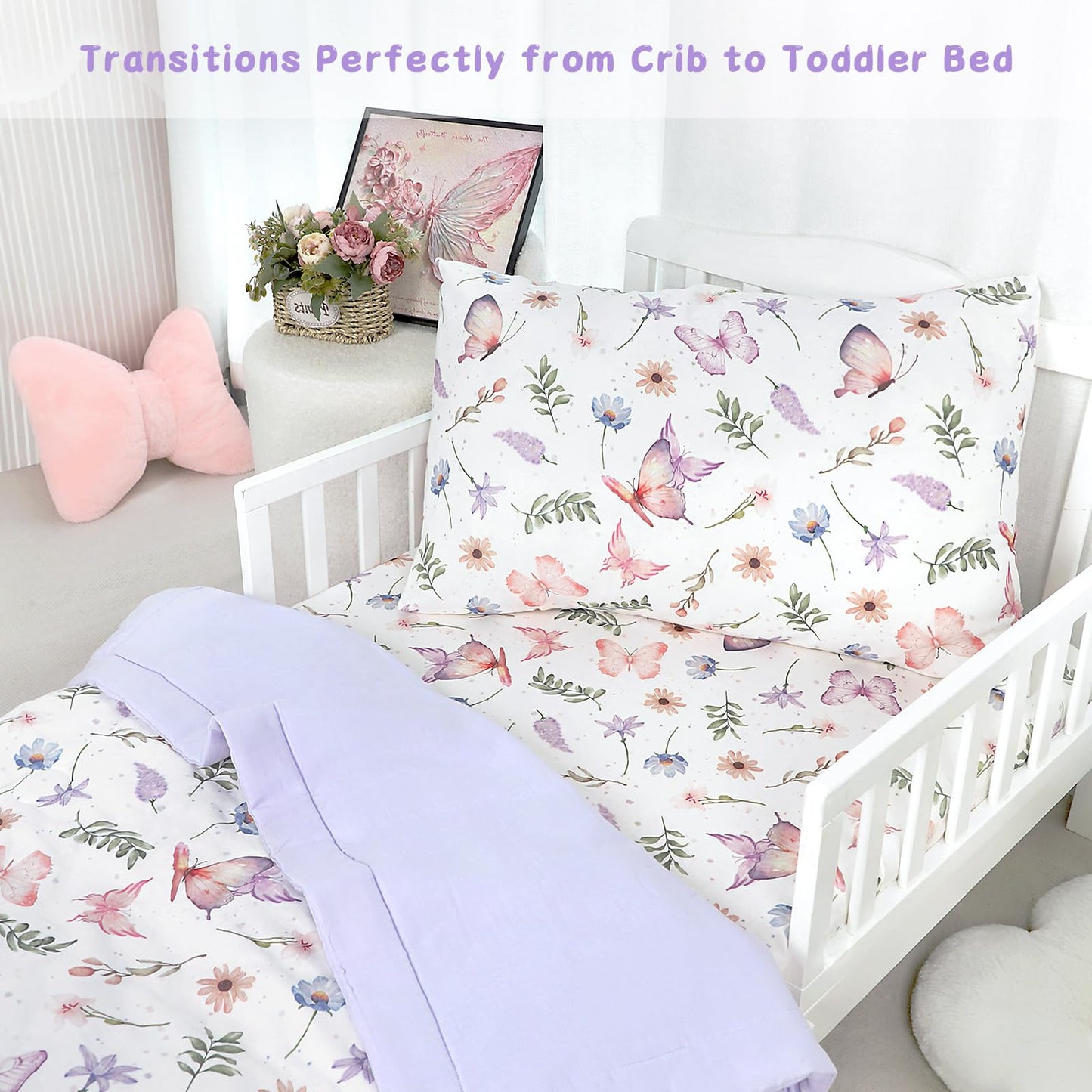 Pea Pod Muslin Toddler Bedding Set 3-Piece - Soft Breathable Crib Bedding with Fitted Sheet, Quilt & Pillowcase for Infant & Kids Bed | Machine Washable Nursery Bed Set (Butterfly)