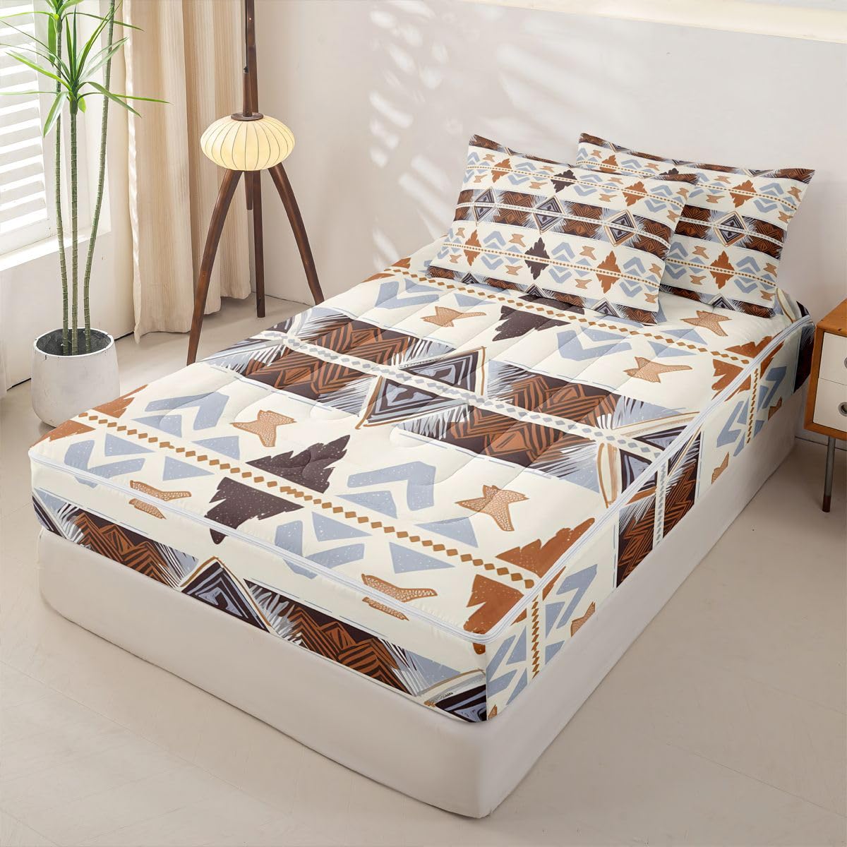 Boho Western Zipper Bedding Set Queen Zip Up Bedding Geometric Aztec Comforter Set with Sheets for Boys Girls,Ethnic Tribal Arrow Diamond Bed in a Bag Navajo Style Southwestern Decor Bed Sets