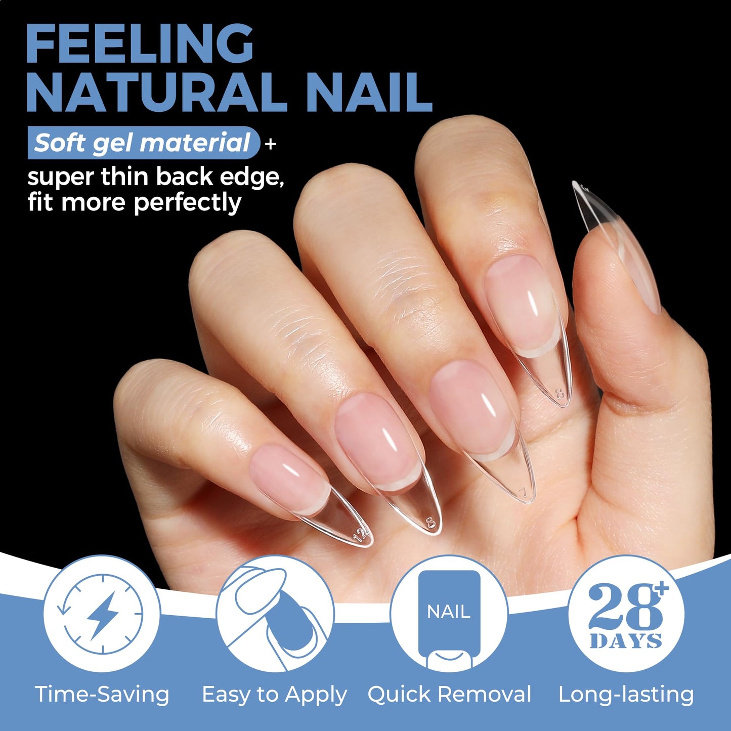 UNA GELLA Medium Stiletto Gel Nail Tips Full Cover 216Pcs Almond Shape Nails Tips Stiletto Pre etched Soft Gel Nails Clear Fake False Nail Tip For Home Art Salon 12 Sizes
