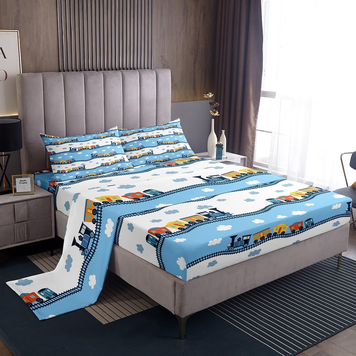Erosebridal Kids Locomotive Train Sheet Set Queen,Cute Steam Engine Truck Sheets for Boys Girls Blue White Clouds Top Fitted Sheet Railway Car Vehicles Bed Sheets Set with 2 Pillowcases