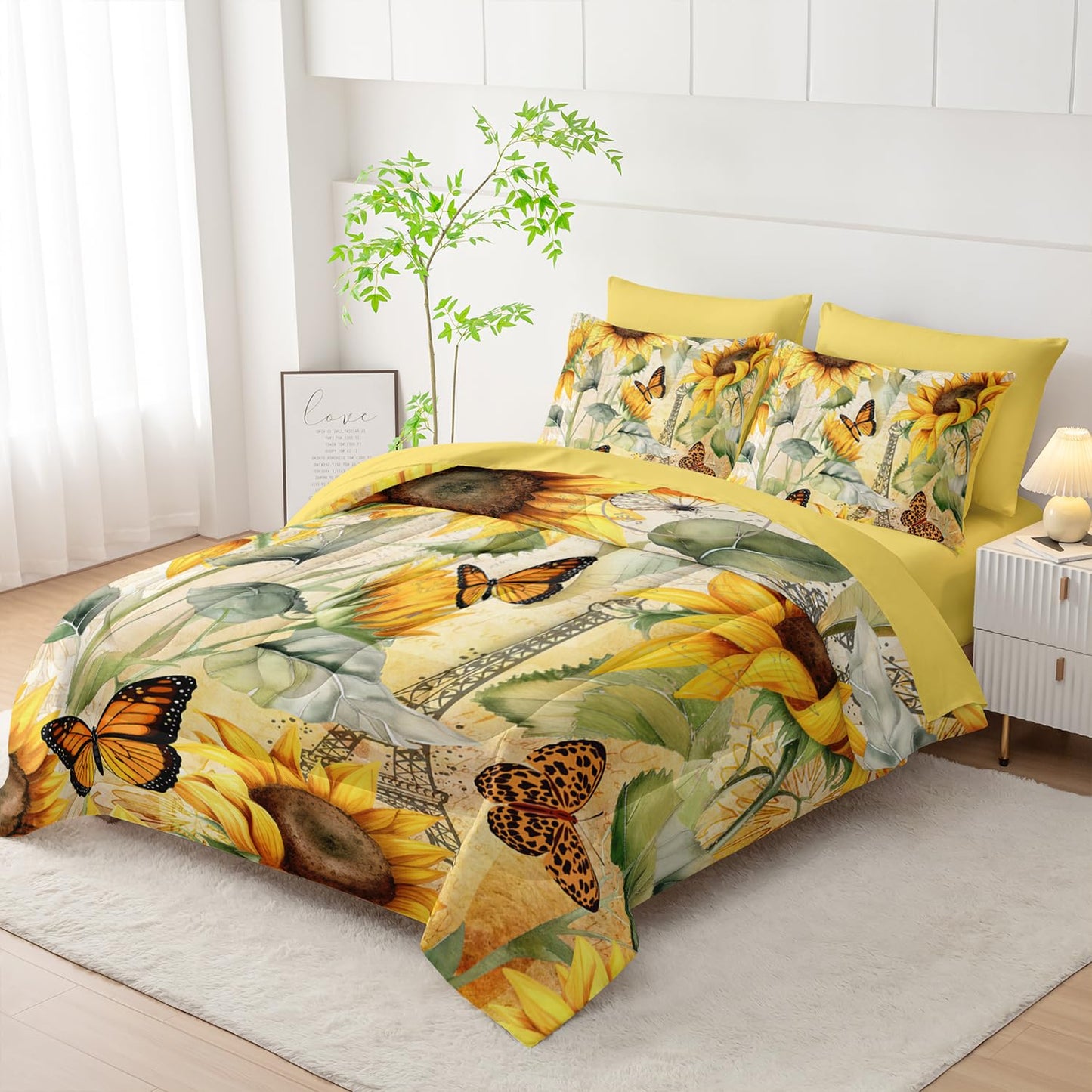 AILONEN 7-Piece,Sunflower Comforter Set for Kids Girls,Yellow Floral Botanical Bed in a Bag Twin Size,Eiffel Tower Butterfly Comforter & Fitted Sheet with Flat Sheet,2 Pillowcases,2 Pillow Shams