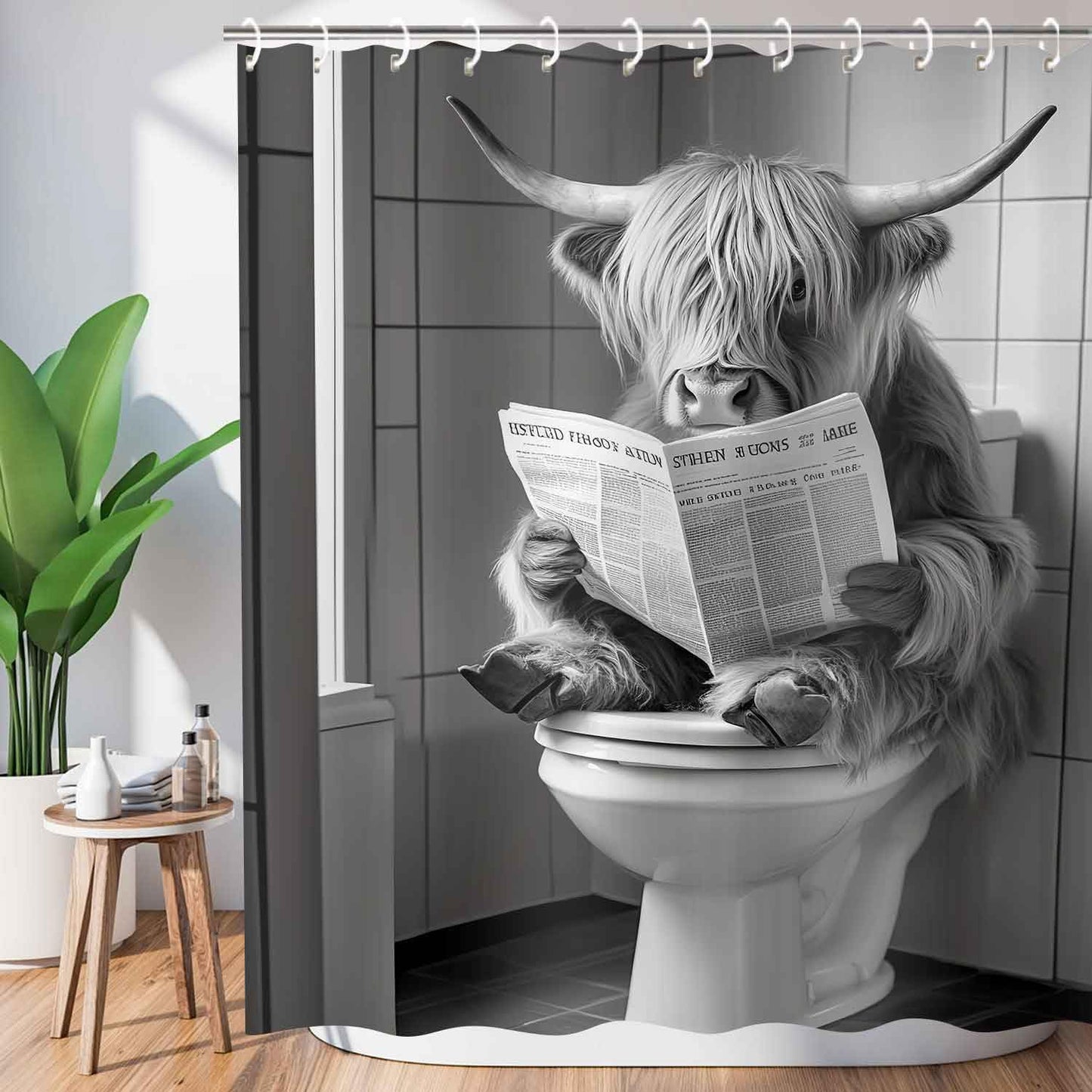 JAWO Funny Shower Curtain Farmhouse Highland Cow Country Shower Curtain Funny Shower Curtains for Bathroom Grey White Cow Sitting on The Toilet Reading a Newspaper Bathroom Decor Western Cattle 72X72
