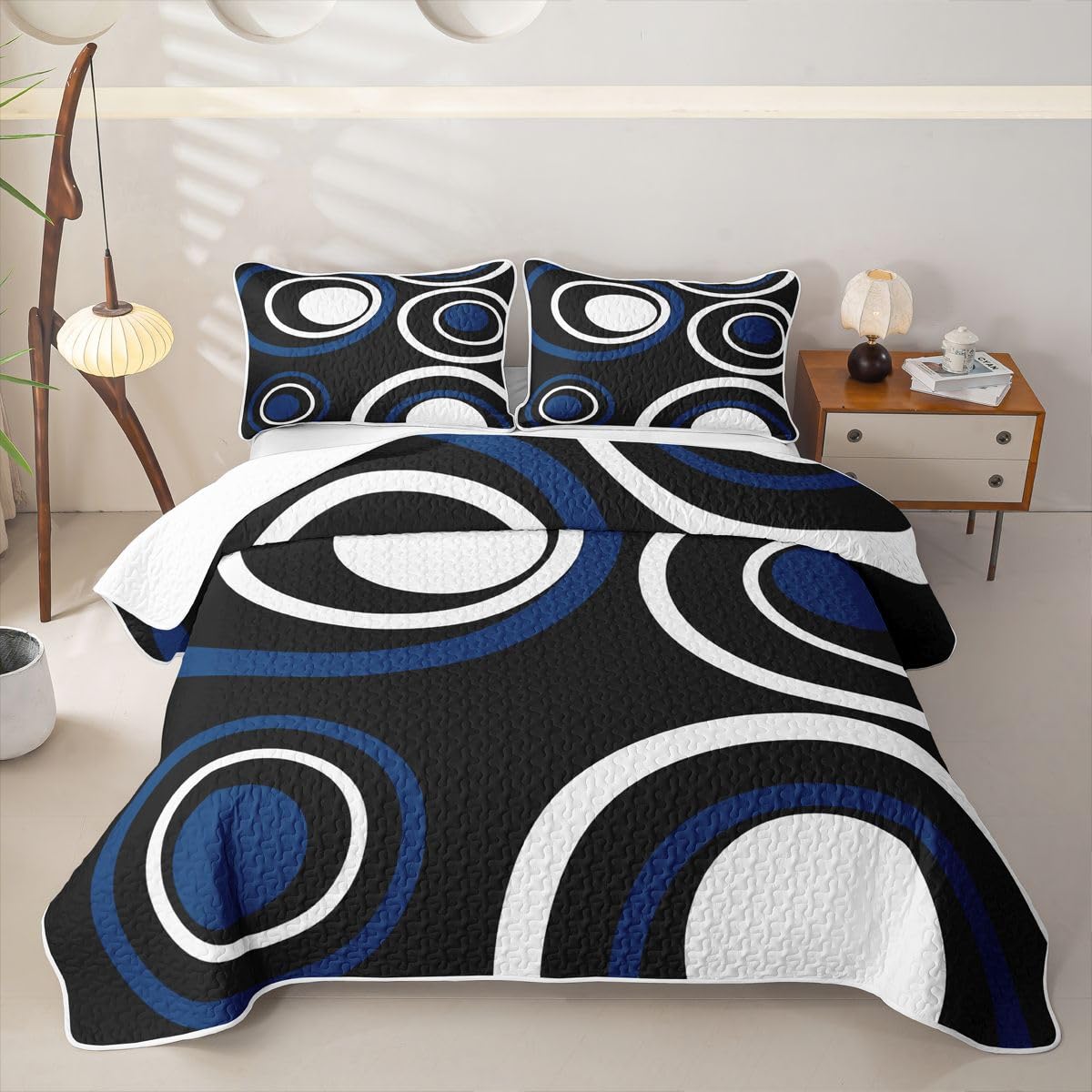 Erosebridal Black Blue Vortex Quilt Set Chic Geometric Abstract Mens Quilt Twin Striped Aesthetic Circles Quilted Bedspread with 1 PillowcaseBoho Modern Coverlet