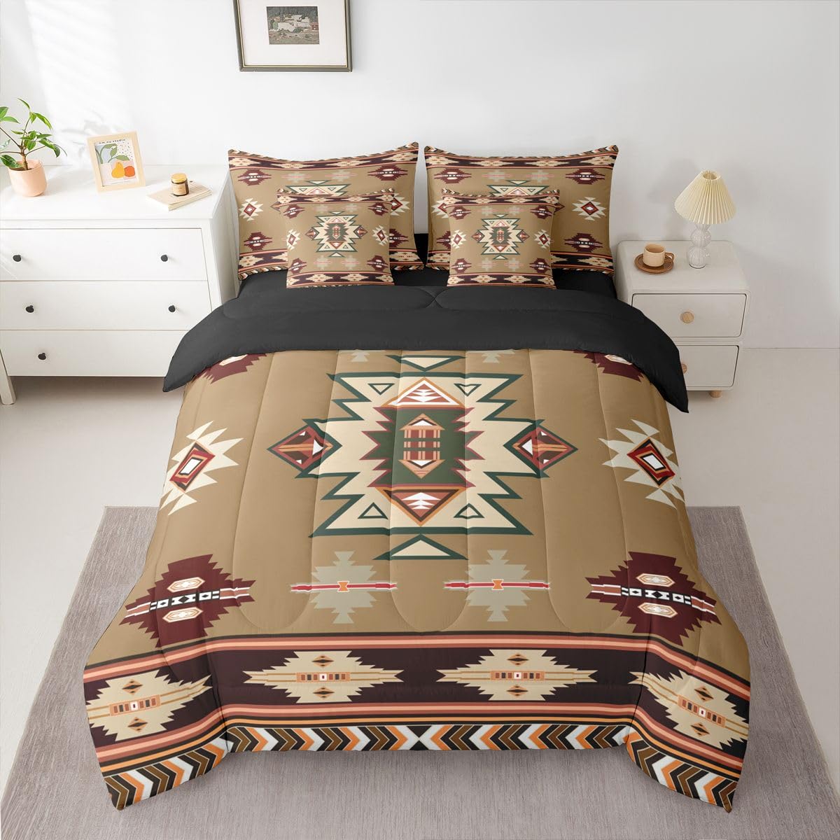 Erosebridal Western Twin Comforter Set with Sheets | Southwestern Decor Geometric 7-Piece Bedding Set Farmhouse Aztec Bed in a Bag, Stripes Diamond Triangle Bed Sets,Brown