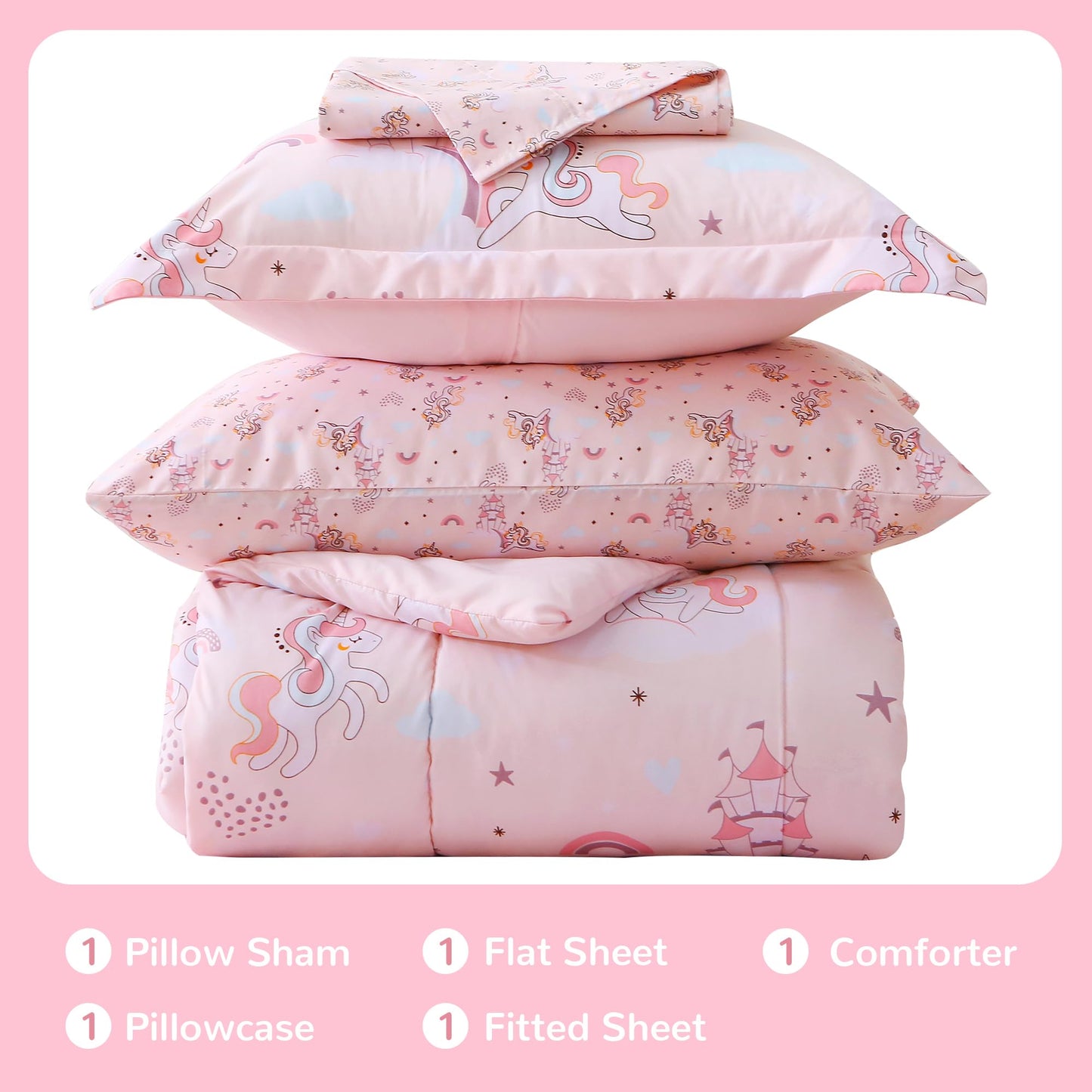 Viviland Kids Twin Bedding Sets for Girls, Soft Twin Comforter Set with Sheets, 5 Pieces Microfiber Bed in a Bag, Pink Unicorn