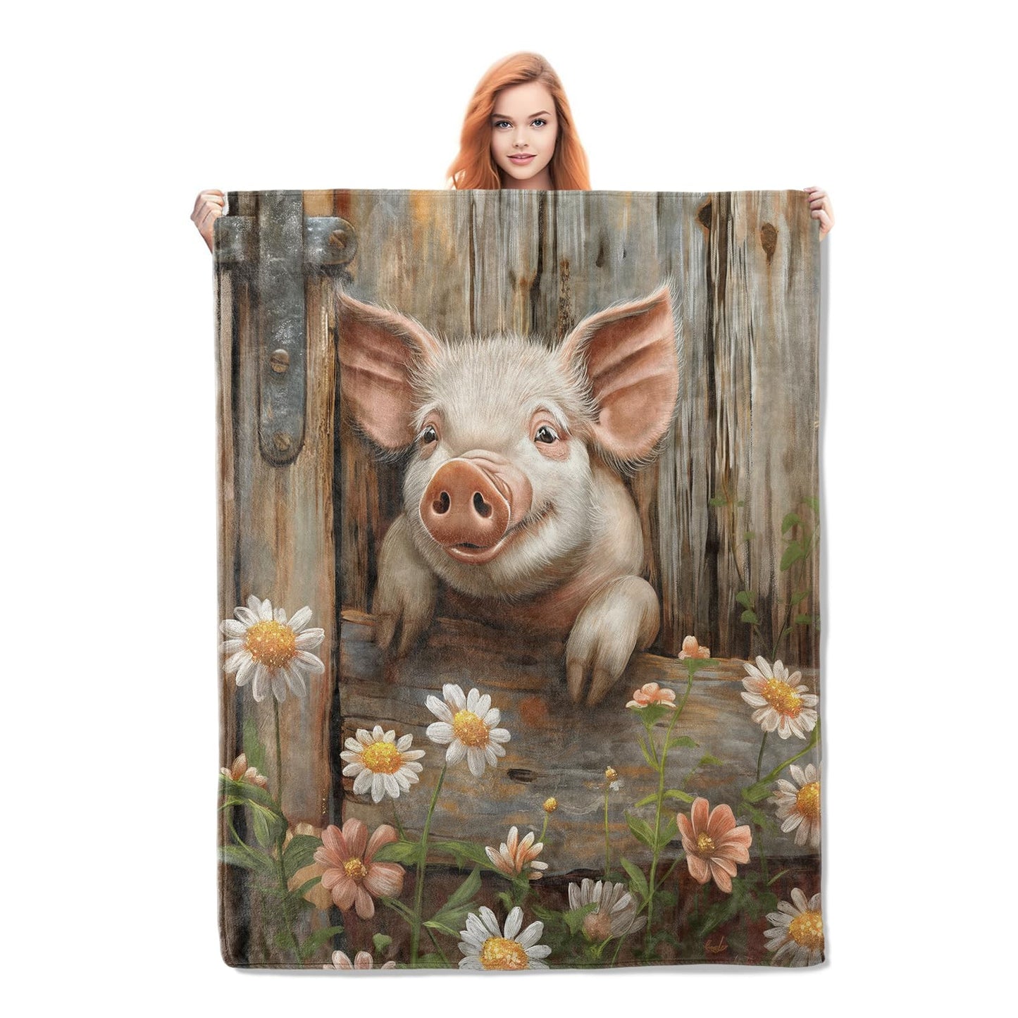 Joyful Pig Blanket Gifts for Women Girls Adults Kids Soft Warm Lightweight Cozy Farmhouse Wooden Garden Floral Animal Piglet Throw Blankets for Bed Living Room Sofa Home Travel Decor 50"x60"
