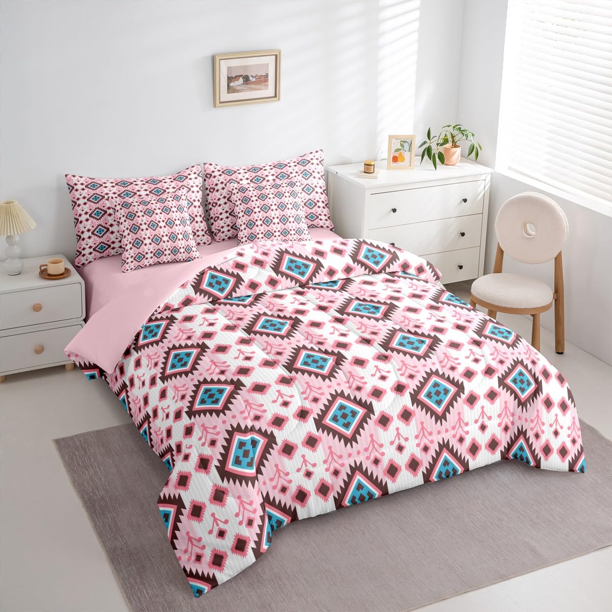 Erosebridal Boho Aztec Bed in A Bag King 7 Pcs Bohemian Southwestern Comforter Set for Women Men Western Ethnic Tribal Mexican Bedding Sets Pink Cowgirl Geometric Diamond Sheet Set with Comforter