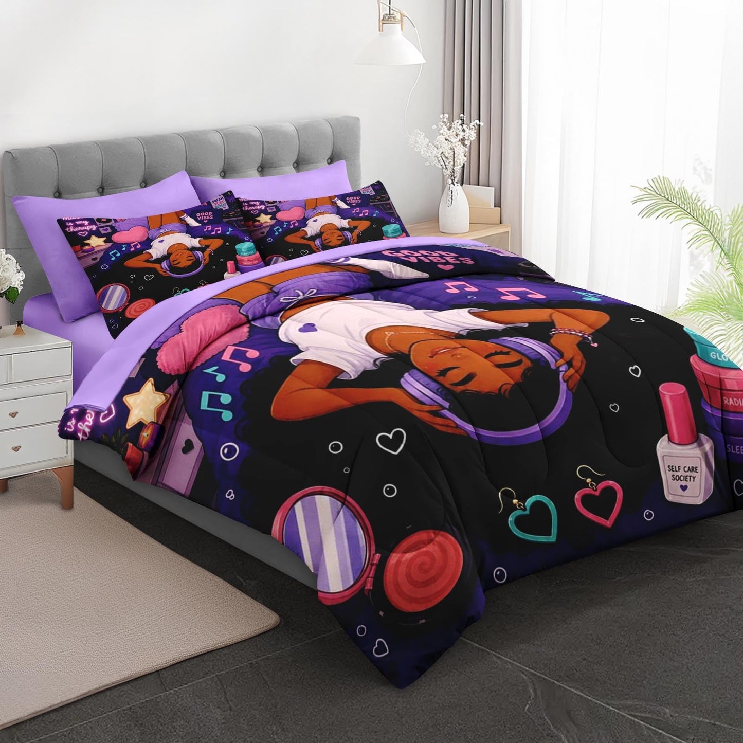 Boewywh Comforter Set Twin Size Music Kawaii Girly 5 Pcs, Bedding for Kids and Adults, Bed Sheet Sets with Fitted Sheet Pillowcase & Sham for Bedroom Bed Decor
