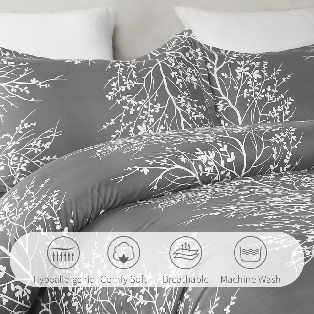 Vaulia Soft Microfiber Duvet Cover King Size, Grey and White Floral Branches Printed Pattern 3-Piece Set (1 Duvet Cover 2 Pillow Shams)