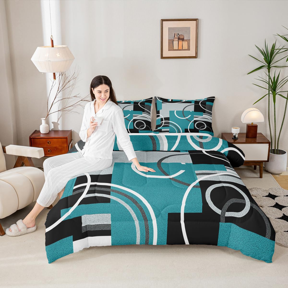 Erosebridal Modern Turquoise Decor Comforter Queen Geometric Circles Gird Bedding Set For Boys Girls Kids Teens Adult Black Grey Down Stripe Swirls Duvet Graphic Texture Quilted (GHS2936XXY-BZ_USq)