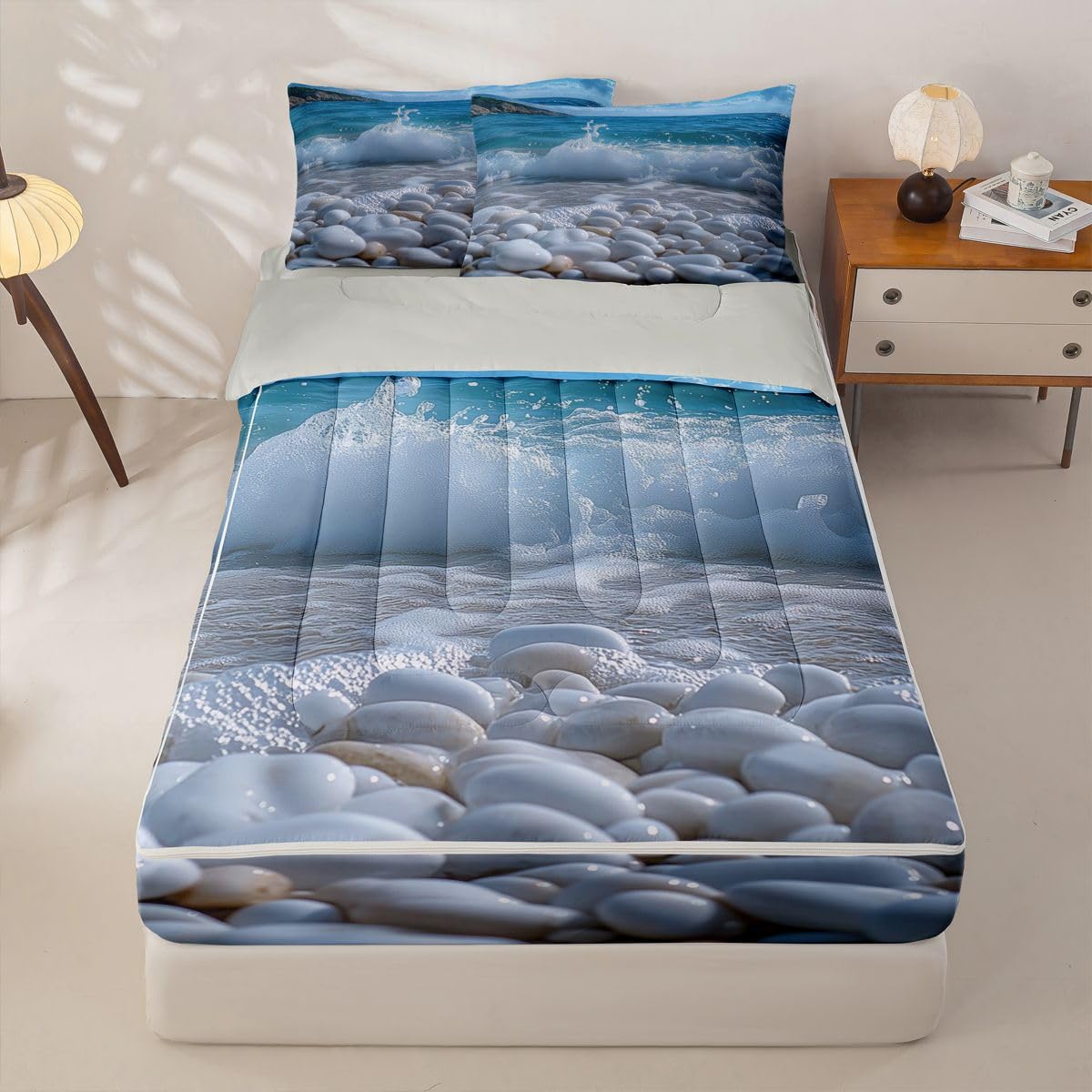 Erosebridal Pebble Zipper Comforter Set Twin Beach Cobble Print Bedding Set 3D Stone Gravel Bed in a Bag Hawaii Beach Zippered Quilt Fitted Sheet,2 Pillowcases