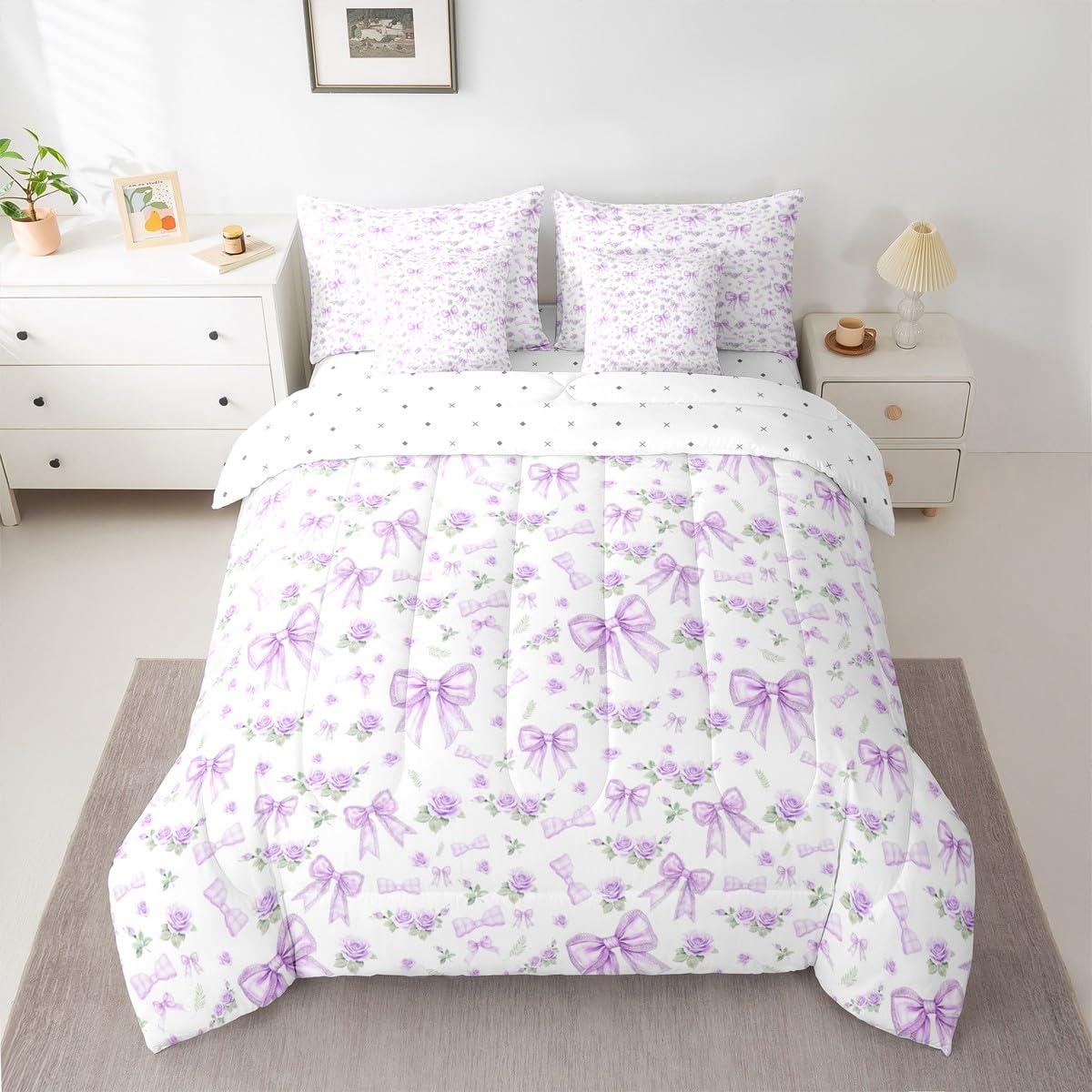 Erosebridal 7 Piece Purple Bow Bedding Set for Toddler Kids Teen Girl Girly Rose Floral Bow Twin Comforter Set with Sheets Preppy Bed in A Bag Aesthetic Coquette Bedding Comforter Sets with Flower