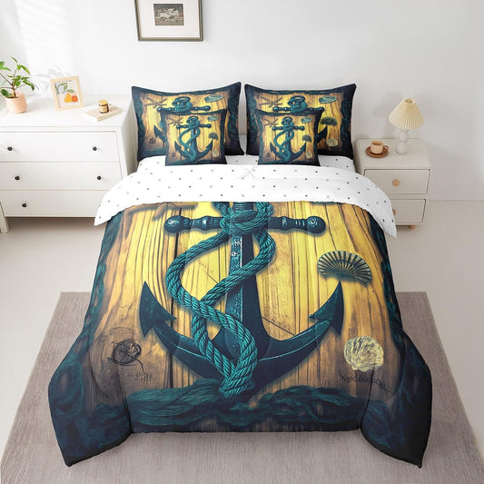 Erosebridal Boat Anchor Comforter Set 7 Piece Bed in a Bag Twin,Nautical Rope Knot Bedding Sets Steering Wheel Compass Vintage Ocean Sheet Set with Comforter