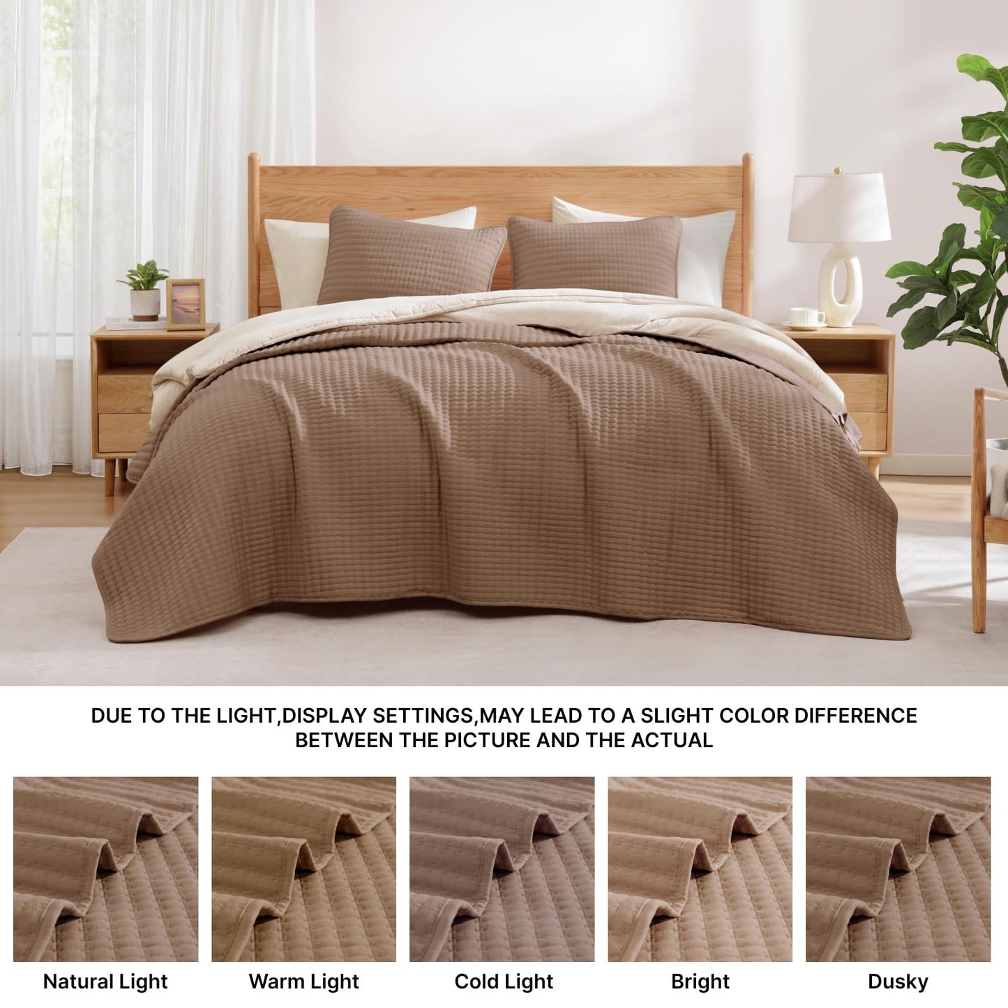 WRENSONGE Queen Quilt-3 Pieces Lightweight Bedspreads Light Brown Queen Size Quilt Bedding Set for All Seasons, Soft Summer Blanket with 2 Pillow Shams Suitable for Bed, Couch