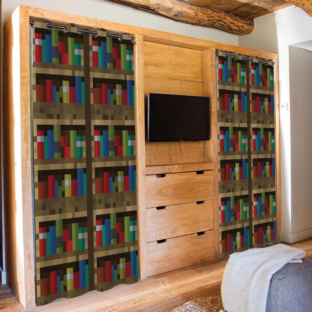 Wuminmin Pixelated Bookshelf Curtain, Educational Bookcase Pixel Art Video Game Closet Cover Curtain for Darkening Door Drape for Kids Teens Boys, 1 Panel 34" W x 80" L