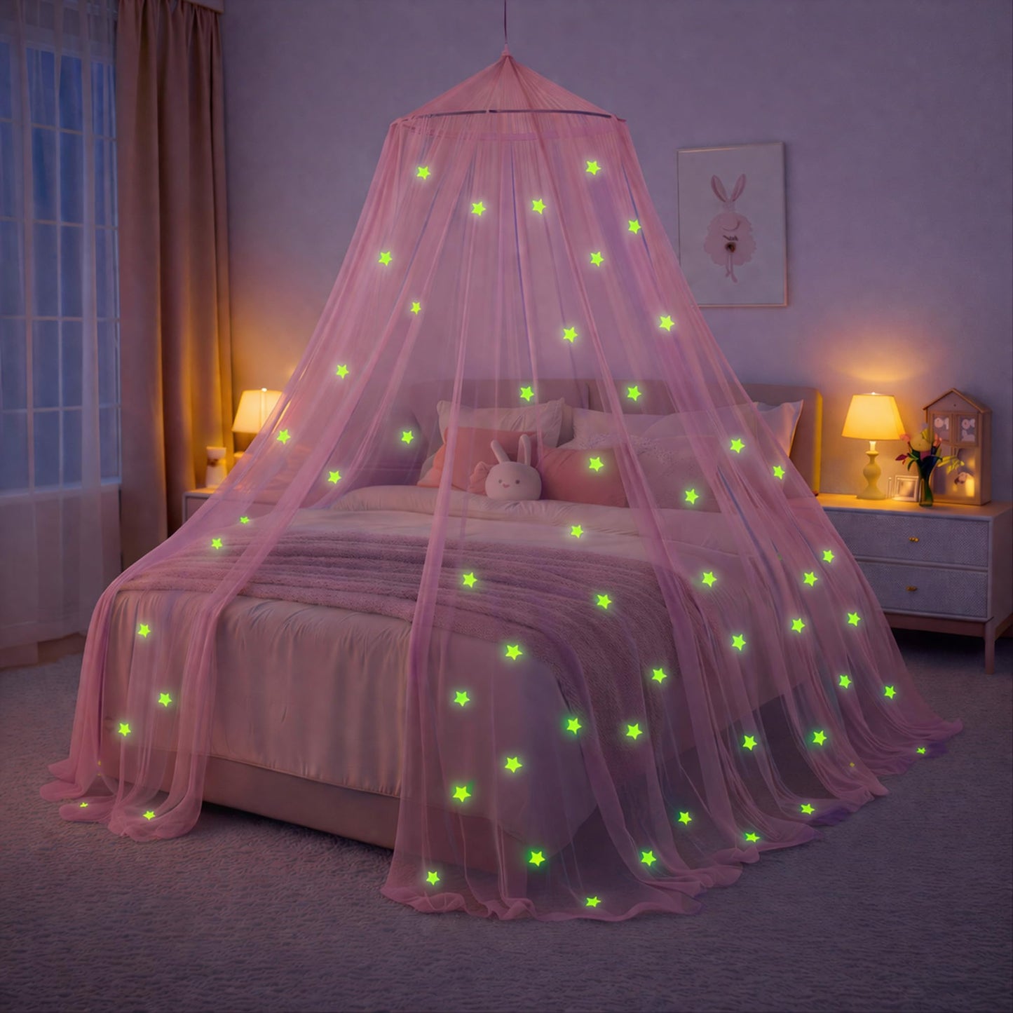 Pink Bed Canopy for Girls with Glowing Stars - Premium Canopy Bed Curtains | Fits Single, Twin, Full, Queen Size Kids Bed, Princess Netting Room Decor, Ceiling Tent to Cover Toddler, Canopy for Bed