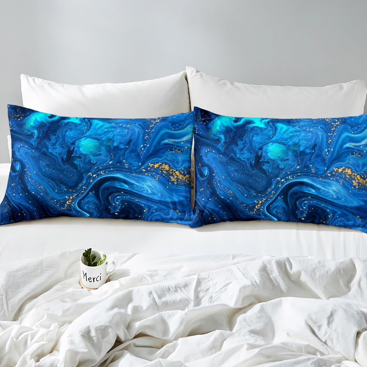 Erosebridal Blue Marble Fitted Sheet Twin, Ombre Blue Fluid Bed Sheets Trippy Liquid Sheet Set Gypsy Golden Sequins Printed Flat Sheet Tie Dye Gradient Soft Top Sheet & Fitted Sheet & 2 Pillowcases
