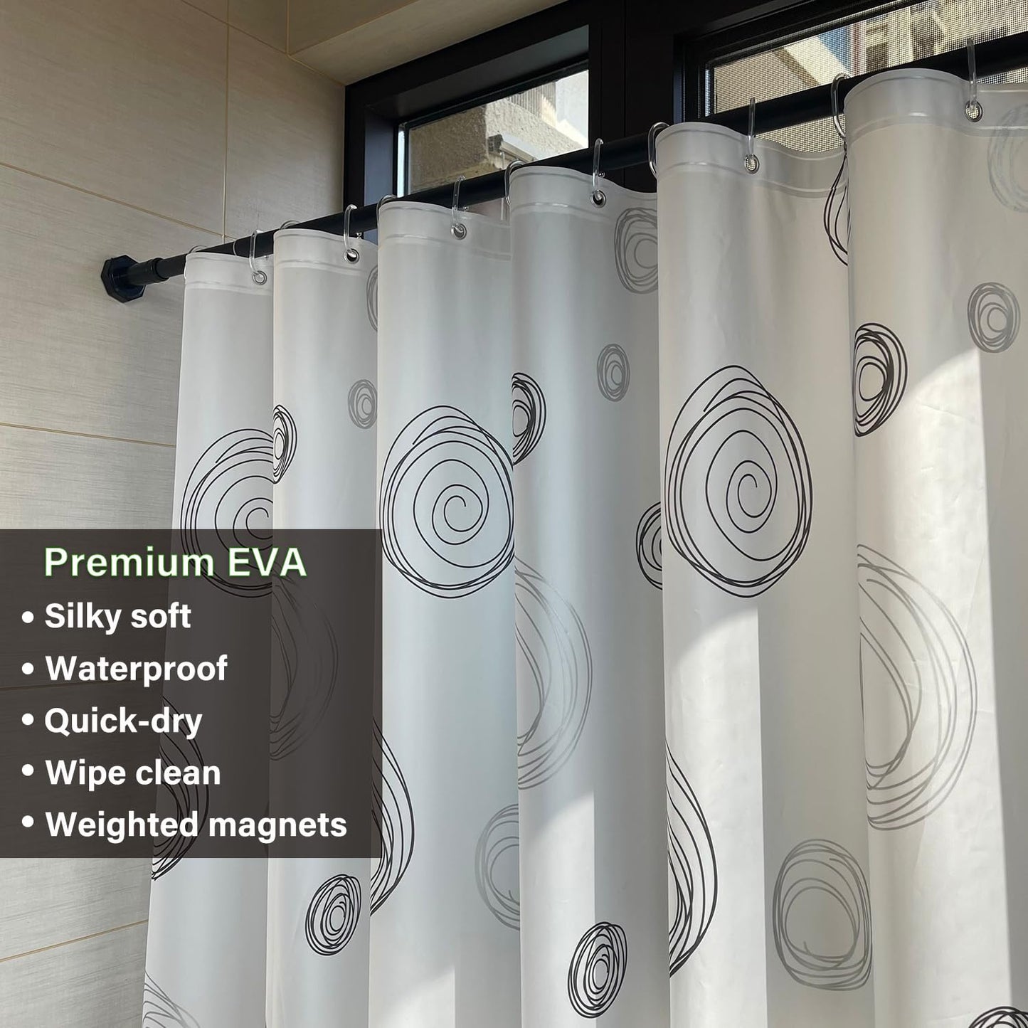 Myratts Plastic Shower Liner - Premium EVA 6G Thickened Shower Curtain Liner with Rustproof Grommets and 3 Weighted Magnets, Waterproof Shower Curtain for Bathroom(Black Circle)