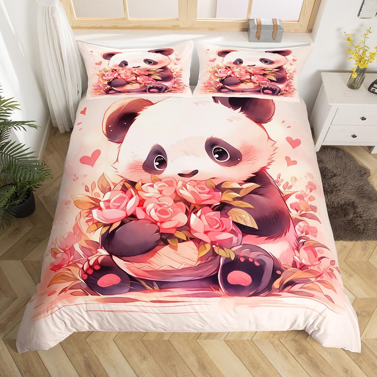 Feelyou Panda Bedding Set Full, Cute Panda Duvet Cover Cartoon Panda Comforter Cover Kids Toddler Boys Girls Kids Panda Bedspread Cover Microfiber Bed Set with 2 Pillow Case(No Comforter)